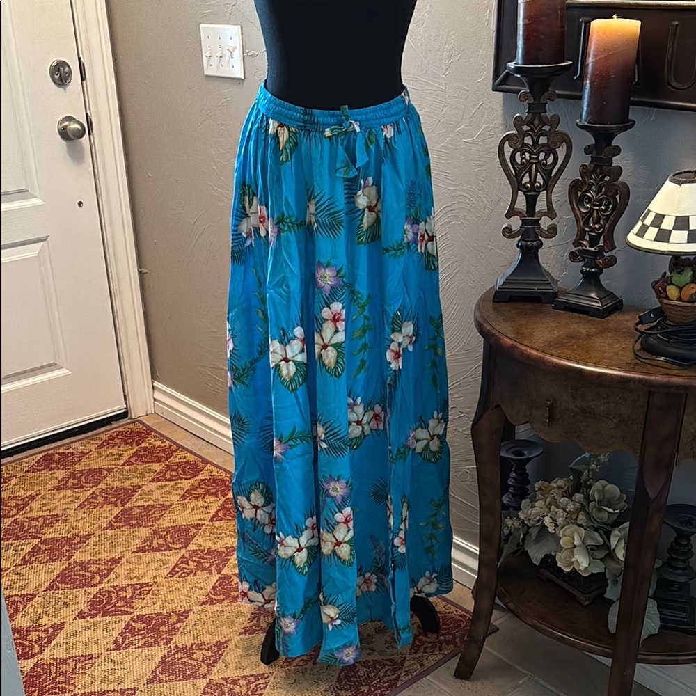 India Boutique Floral Blue Maxi Skirt w/ front side slit